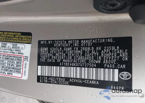 2007 Toyota Camry Le z USA, uszkodzony, nr VIN 4T1BE46K07U727504